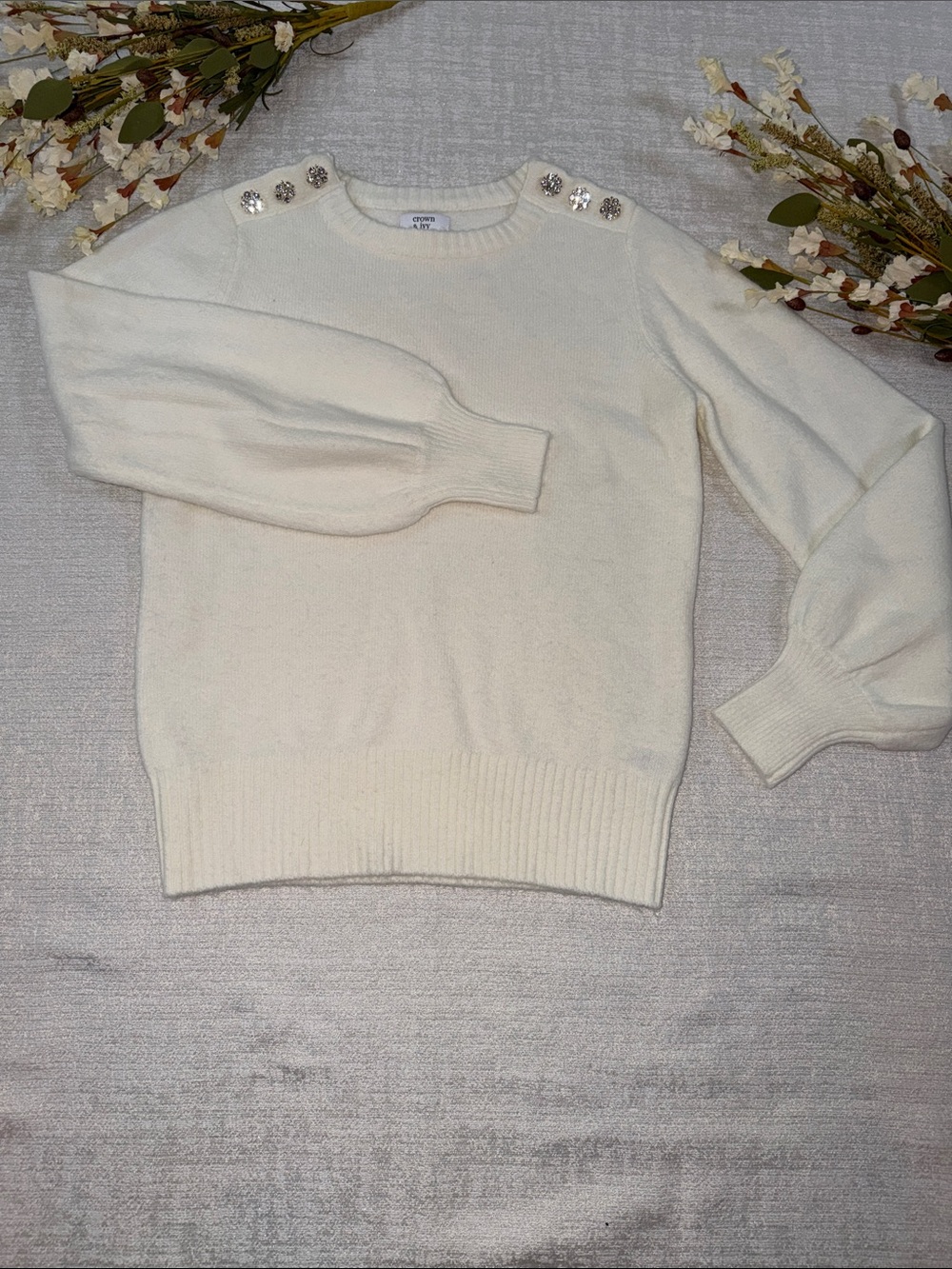 crown & ivy Cream Crewneck Sweater with Rhinestone Floral Accent Buttons